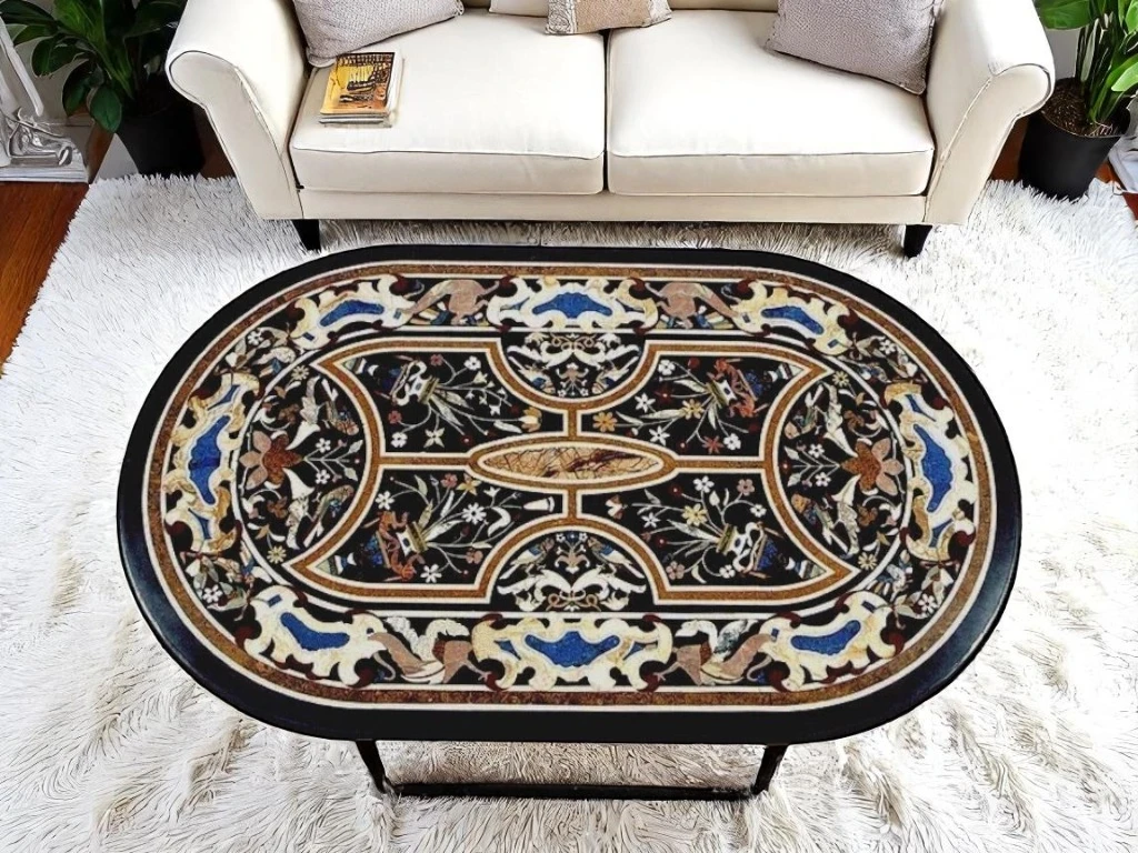Black Marble Oval Inlay Table – Handmade Pietra Dura Art
